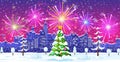 Christmas Card with Urban Landscape and Fireworks. Royalty Free Stock Photo