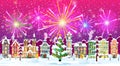 Christmas Card with Urban Landscape and Fireworks. Royalty Free Stock Photo