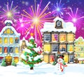 Christmas Card with Urban Landscape and Fireworks. Royalty Free Stock Photo