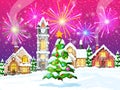 Christmas Card with Urban Landscape and Fireworks. Royalty Free Stock Photo