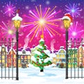 Christmas Card with Urban Landscape and Fireworks. Royalty Free Stock Photo