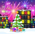 Christmas Card with Urban Landscape and Fireworks. Royalty Free Stock Photo