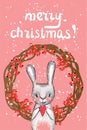 Christmas card. Vector illustration. New Year`s rabbit. Coniferous branches and decorations Royalty Free Stock Photo