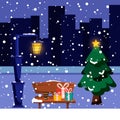 Christmas card vector illustration of a snowy winter city park with Christmas trees, bench, lantern, walkway and city