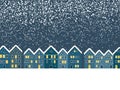 Christmas card vector template with landscape of a small town or village at night with snowing.