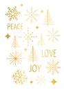 Christmas card vector template snowflakes gold foil white. Modern graphic faux metallic golden Christmas trees stars holiday Royalty Free Stock Photo