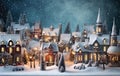 Christmas card. Village with snow, Christmas town