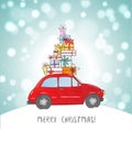 Christmas card with vintage red car carrying gift boxes Royalty Free Stock Photo