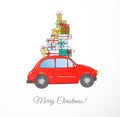 Christmas card with vintage red car carrying gift boxes on white background. Royalty Free Stock Photo