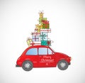 Christmas card with vintage red car carrying gift boxes on white background. Royalty Free Stock Photo