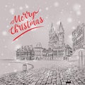 Christmas card. Vintage sketch of the urban landscape. The old city of Prague. Vector illustration