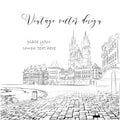 Christmas card. Vintage sketch of the urban landscape. The old city of Prague. Vector illustration