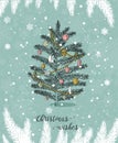 Christmas card with christmas tree in the vintage hand drawn style. Cute snowflakes and pine tree branches under the snow. Royalty Free Stock Photo