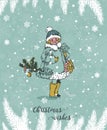 Christmas card with warm wishes in the vintage hand drawn style. Cute snowflakes and pine tree branches under the snow. Royalty Free Stock Photo