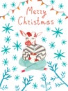 Christmas card with watercolor bull symbol 2021 in doodle style