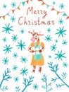 Christmas card with watercolor bull symbol 2021 in doodle style