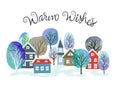 Christmas card with watercolor trees and houses. Vector city winter landscape