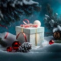 A Christmas card with a white gift box, red balloons, pine cones, fir branches, snow in a Christmas setting Royalty Free Stock Photo