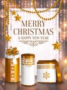 Christmas card. White and golden wrapped gift boxes, stars, pearls. Background with bokeh lights. Vector. Royalty Free Stock Photo