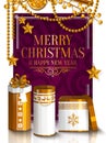 Christmas card. White and golden wrapped gift boxes.