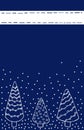 Christmas card with white Christmas trees in doodle style and with snow on a blue background, with place for text Royalty Free Stock Photo