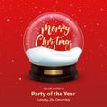 Christmas card. Winter Holiday design with realistic snow globe and Merry Christmas calligraphy Royalty Free Stock Photo