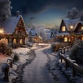 Christmas card with winter village landscape at night 1 Royalty Free Stock Photo