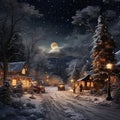 Christmas card with winter village landscape at night 4 Royalty Free Stock Photo