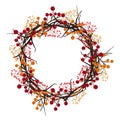 Christmas card, wreath of red orange berries. Round vintage frame, digital draw illustration. Royalty Free Stock Photo