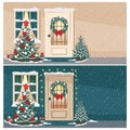 Christmas doors and windows with fir tree and Christmas decorations Royalty Free Stock Photo