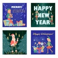Christmas cards or banners set with happy Christmas elves and Santa, flat vector.