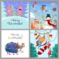 Set of winter Christmas cards. Four different vector designs. Cute animals. Merry Christmas and Happy New Year card Royalty Free Stock Photo