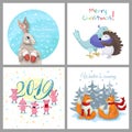 Set of winter Christmas cards. Four different vector designs. Cute animals. Merry Christmas and Happy New Year card
