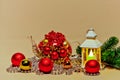 Christmas Cards Glass Teapot teapot with Christmas toys, cones and accessories.A
