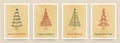 Christmas cards. Hand draw tree and congratulated text. Happy holidays, warm wishes. Simple posters collection. Pine