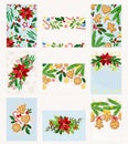 Christmas Cards with Red Poinsettia Flower, Fir Branches and Gingerbread Cookies Vector Set Royalty Free Stock Photo