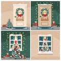 Christmas doors and windows with fir tree and Christmas decorations Royalty Free Stock Photo