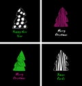 Christmas cards set. Decorative cartoon design with stylish spruces, fir-trees. Happy new year design.