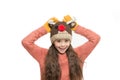 Christmas carnival. Fun and joy. Cheerful kid. Playful cutie. Adorable baby wear cute winter knitted deer hat. Cute