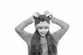 Christmas carnival. Fun and joy. Cheerful kid. Playful cutie. Adorable baby wear cute winter knitted deer hat. Cute