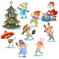 Christmas carnival party, cartoon children in costumes, Santa Claus with presents for kids in fancy dresses