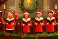 Christmas carolers singing in the church interior. Flat cartoon. By generate Ai