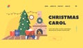 Christmas Carols Landing Page Template. Happy Boy Character Sitting at Burning Fire Place and Fir Tree Reading Book