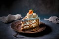 christmas carrot cake with cream on plate on dark background