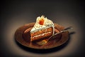 christmas carrot cake with cream on plate on dark background