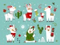 Christmas cartoon alpaca. Cute xmas llama, animals wear scarf and santa hat. Holiday lama with gifts, garlands on cactus