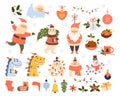 Christmas cartoon big set. New Year characters Santa Claus, bear with tree, snowman with garland, little angel, dragon Royalty Free Stock Photo