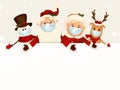 Christmas Cartoon character companions with big blank signboard, white copy space. Wide empty space for design. Santa Royalty Free Stock Photo