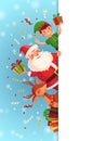 Christmas cartoon characters. Santa Claus, xmas elf character and reindeer with red nose sidebar signboard vector background Royalty Free Stock Photo