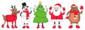 Christmas cartoon characters. Set of vector comic illustrations with snowman, reindeer, Santa Claus, Christmas tree. Royalty Free Stock Photo